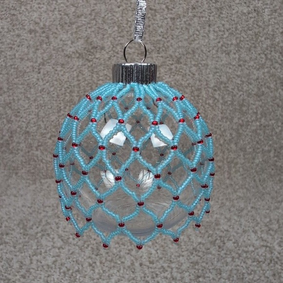 Hand Crafted Other - Handmade Beaded Christmas Ornament Blue Red Clear Plastic Ball Holiday Decor